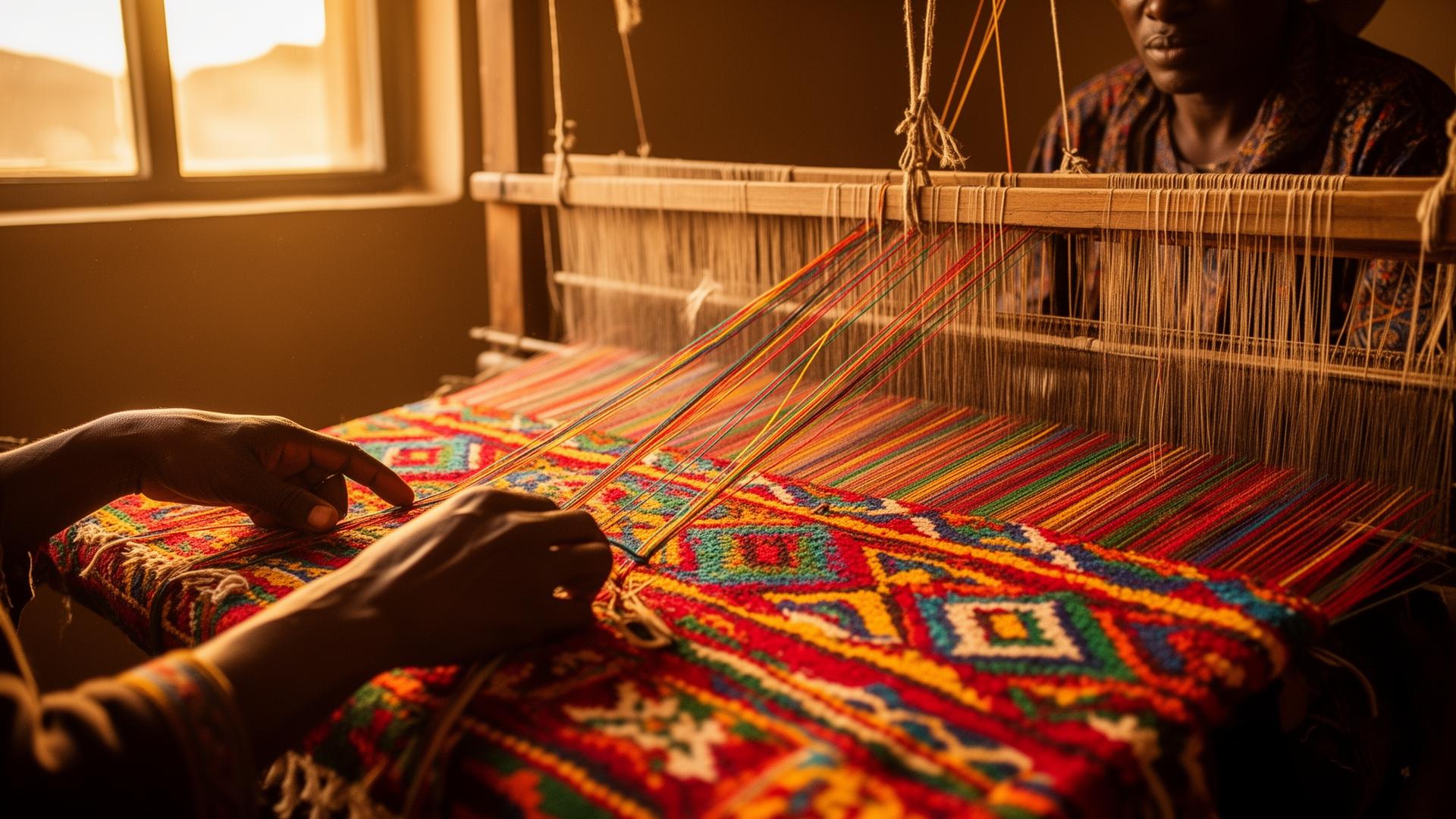 Ethiopian artisan weaving traditional carpet, showcasing skilled craftsmanship